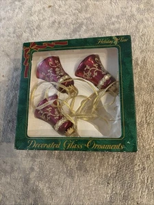 Vintage Holiday Bell Hot Pink Decorated Glass Christmas Ornaments Box of 3 G1 - Picture 1 of 2