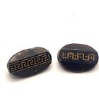 2 boutons pastilles ovales vintage en verre noir avec motifs clés grecques or