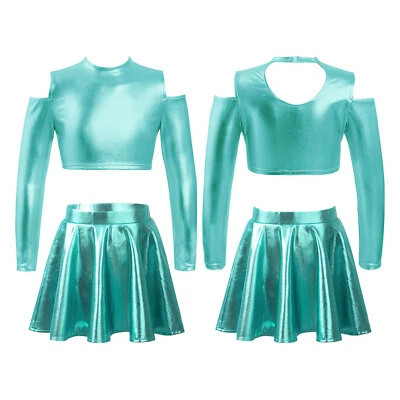 Kids Girls Shiny Metallic Hip Hop Jazz Latin Modern Dance Crop Top and Skirt Set - Image 1 of 3