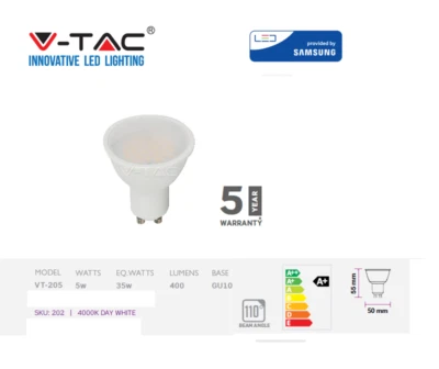 LED Spotlight SAMSUNG Chip GU10 5W Smooth Plastic 400Lm 110° 4000K by V-TAC - Image 1 of 2