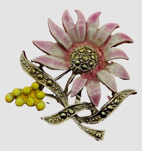 Vintage Marcasite enamel Flower Design Silver Metal pin brooch - Picture 1 of 9