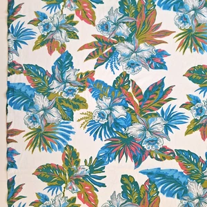 Tropical Flowers Blue On White Large Print Poly Cotton KNIT Fabric 2.2 YDS x 58" - Picture 1 of 14