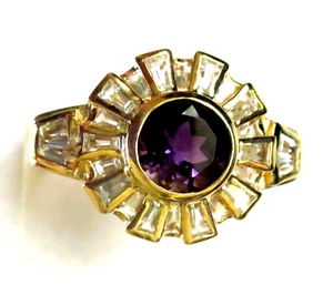 Anillo Euro Amatista y Topacio Blanco / Talla 14 / Oro 14K sobre Plata de Ley 925 - Imagen 1 de 6