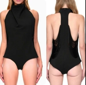 Body MAXIMILIAN DAVIS Talla 8 Negro Escote Embudo Sin Mangas Flecos de Seda - Imagen 1 de 17