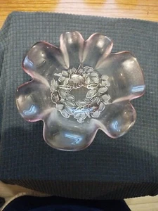 Vintage Mikasa Walther Rosella Frosted Glass Bowl Pink Roses 8 1/2 " wide - Picture 1 of 8
