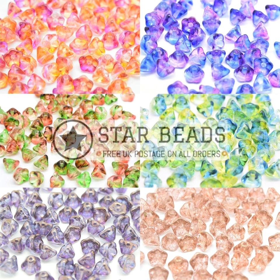 60 X CZECH PRESSED GLASS BELL FLOWER BEADS 6X8MM - PICK COLOUR - Image 1 of 1