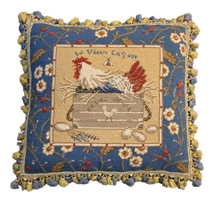 French Country Wool Needlepoint Throw Pillow Rooster "Le Vieux Cageot" 19x19 - Picture 1 of 16