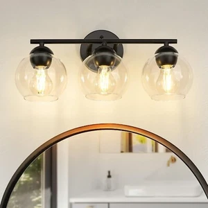 New 3-Light Black Vanity Lights for Bathroom with Clear Glass Shade Fast Ship - Picture 1 of 7