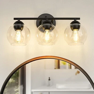 New 3-Light Black Vanity Lights for Bathroom with Clear Glass Shade Fast Ship - Image 1 of 4