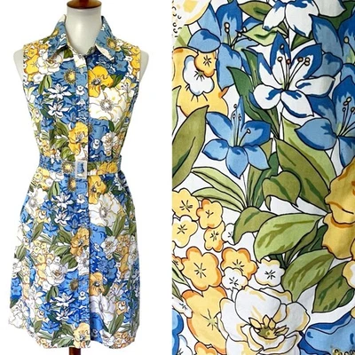White Stag White Blue Yellow Floral Button Belted Dress Sleeveless Sz 10 Stretch - Image 1 of 4