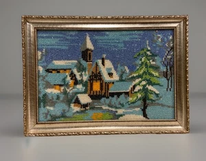 Vintage 8x12" Perlen Kunstwerk-Weihnachten Winter Schnee mit Kirche & Gebäude-gerahmt - Bild 1 von 5