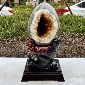 25.95LB Natural citrine geode quartz cluster crystal Dinosaur egg +stand - Picture 1 of 15