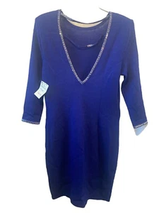 ST. JOHN Knit Dress 12 NWT 995 Blue Textured Sapphire Embellished V Back LOVELY - Picture 1 of 20