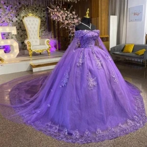 Purple Quinceanrea Dresses Sweetheart With Cape 3D Flowers Sweet 15 Party Gown - Foto 1 di 9