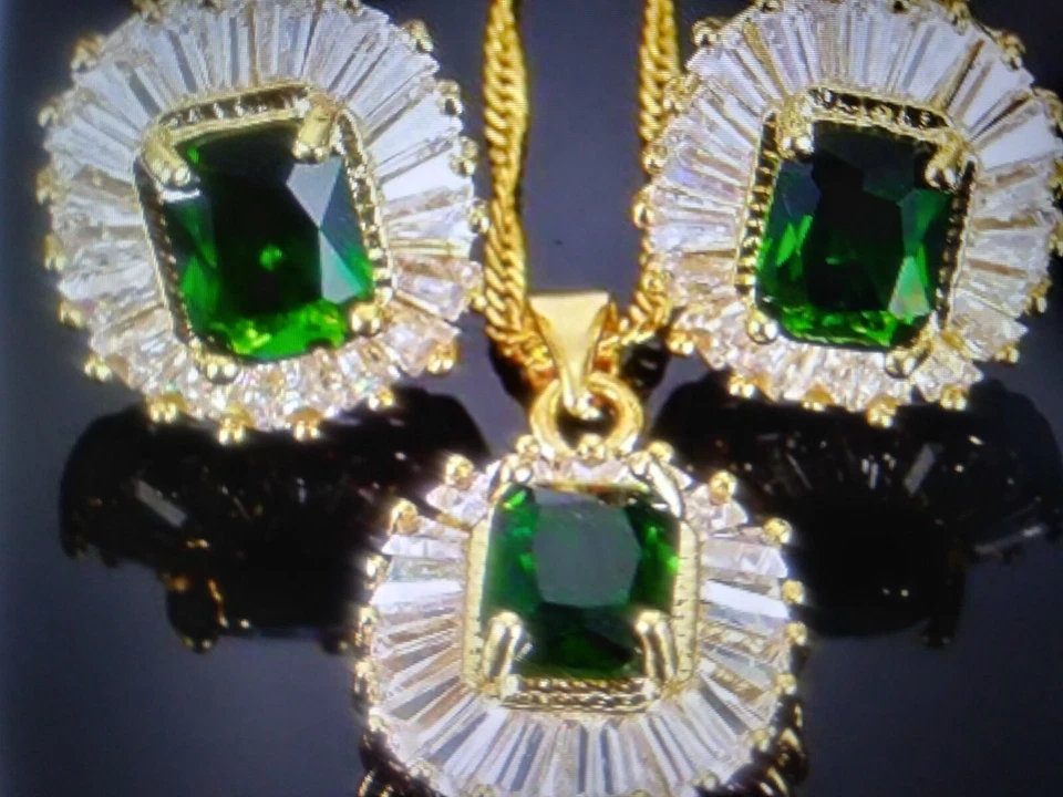 14K YELLOW GOLD CLAD LAB CREATED EMERALD DIAMOND EARRINGS NECKLACE SET + BONUS - Image 1 of 1