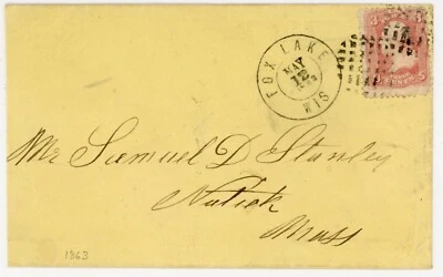 Fox Lake Wisconsin 1863 DCDS + killer on #65 cover to Natick MA - Civil War era - Image 1 of 2