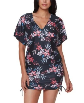 Traje de baño Bar III para mujer negro floral tropical escape caftán cubre talla pequeña Foto 1 de 4