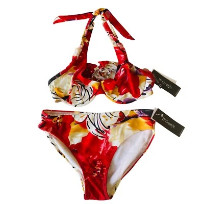 Roupa de banho feminina Be Creative 2 peças biquíni top 10D parte inferior 10 floral halter vermelho - Imagem 1 de 4