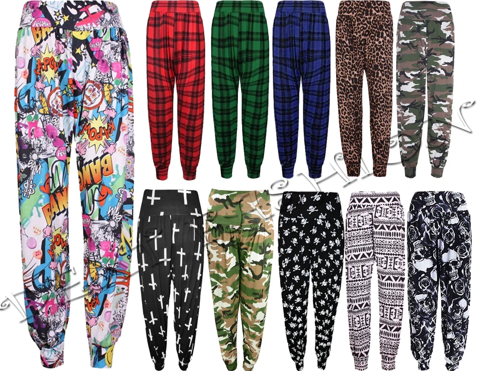 LADIES HAREM ALI BABA CAMOU/AZTEC/SKULL/TARTAN/COMIC FULL LENGTH BAGGY TROUSERS - Image 1 of 1