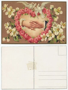 33609 - Turteltäubchen, Rosenherz, Handschlag - alte, beschnittene Künstlerkarte - Bild 1 von 1