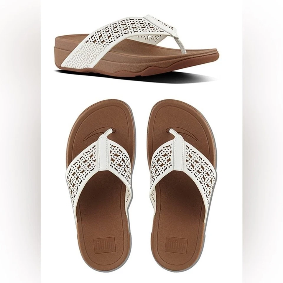 Fitflop белая кожа сандалии цветочный решетка дизайн Sz 11 платформе удобный - Изображение 1 из 4