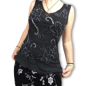 Vintage Y2K Black Beaded Mesh Top Ladies M Sequin Evening Prom Charity Sheer - Bild 1 von 9