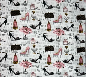 By 1/2 Yard Forever Fashion Perfume Stiletto Shoe Pink Black Purse Cotton Fabric - Picture 1 of 3