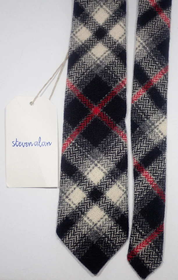 STEVEN ALAN BLACK WHITE RED PLAID SKINNY 100% WOOL NECK TIE MADE IN USA 58.5" - Image 1 of 4