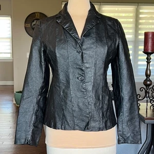 Vintage Metrostyle Black Leather Blazer Jacket Size 8 Button Front Metro Style - Picture 1 of 11