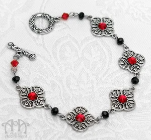 PULSERA GÓTICA CON CUENTAS DE CRISTAL NEGRO Estrás Rojo Plata Filigrana Victoriana - Imagen 1 de 3