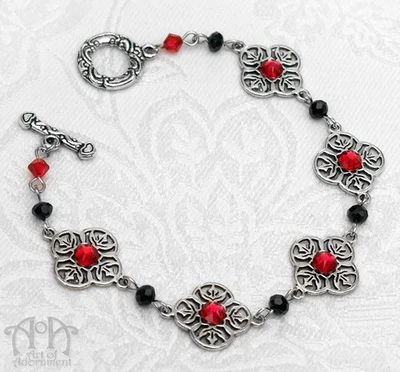 PULSERA GÓTICA CON CUENTAS DE CRISTAL NEGRO Estrás Rojo Plata Filigrana Victoriana Foto 1 de 3