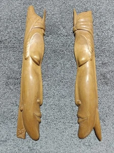 Zwei handgeschnitzte längliche afrikanische Holzgesichter Iroko Holz echte 70er Jahre Details - Bild 1 von 13