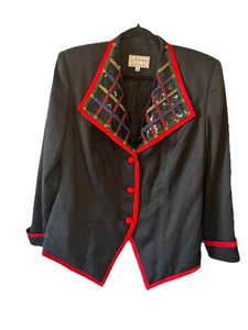 Vintage schwarzer Blazer Jacke mit mehrfarbig kariertem Perlenkragen Satinbesatz 16W - Bild 1 von 15