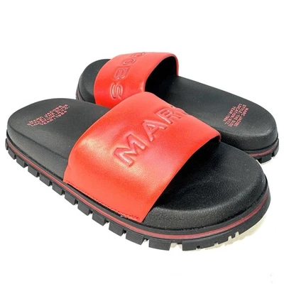 MARC JACOBS Womens The Slide Spellout Logo Leather Sandals Red 5 (MSRP $195) - Image 1 of 4