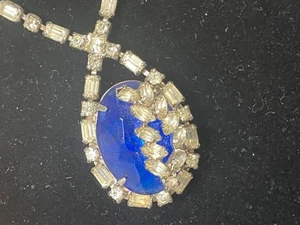 Collar Vintage 1” Zafiro Azul Colgante Cristales Baguette Marqués Tono Plata - Imagen 1 de 5