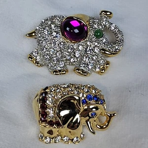 2 ELEPHANT PIN BROOCHES Gold Tone Crystals Multicolor TRUNK UP GOOD LUCK! - Imagen 1 de 23