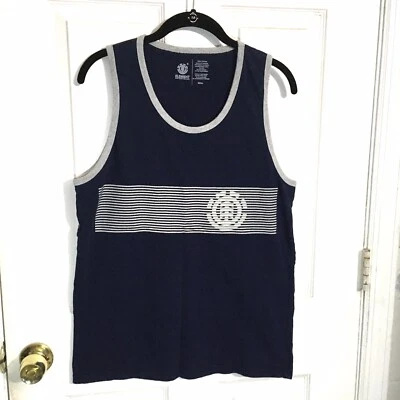 ELEMENT Navy Blue Gray Striped Logo Print Sleeveless T-Shirt Tank Top-Small - Image 1 of 4