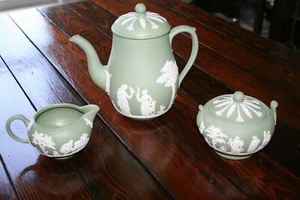 Wedgewood Sage Green Coffee Pot, Matching Creamer Covered Sugar Bowl Jasperware - Picture 1 of 12