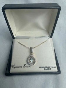 Blue Topaz & Diamond Pendant Necklace - Pear Shaped Stone - 18K Gold Over Brass - Picture 1 of 4