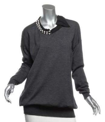 Suéter largo de gran tamaño LANVIN para mujer gris tejido con detalles de cristal perla M Foto 1 de 4