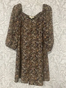 Entro Balloon Sleeve Abstract Floral Babydoll Mini Dress Neutral Colors M - Picture 1 of 9