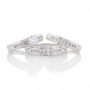3 Pcs Matcing Couple Ring Bridal Set 14K White Gold Over 2.8Ct Simulated Diamond - Picture 1 of 6