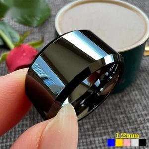 12MM Big Men Women Tungsten Carbide Ring Stepped Beveled Ring Band Wedding Ring - Picture 1 of 10
