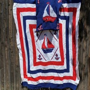 Handmade Afghan Throw Crochet Blanket & Pillowcase Sailboat Nautical 52x74" VTG - Picture 1 of 24