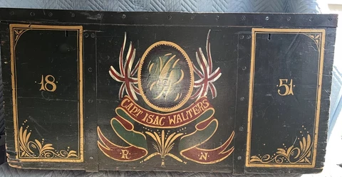 Antique Wood Chest Trunk 1851 Ship Hand painted 40” X 20 Tall X 22 D Cover