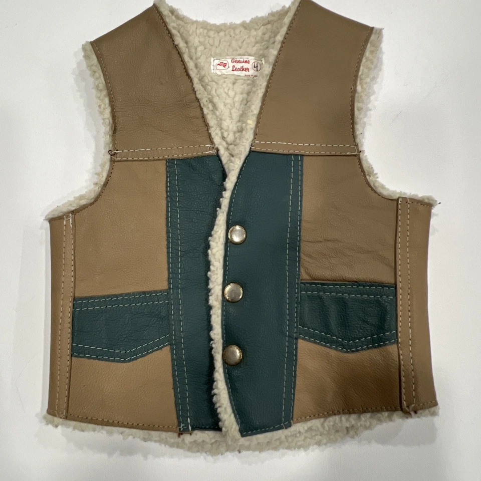 Chaleco occidental de cuero vintage para niños forro de sherpa cierre a presión talla 4 Foto 1 de 4