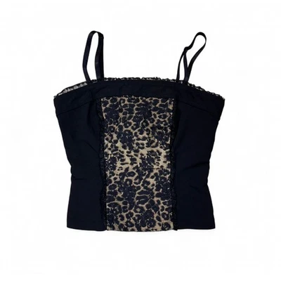 Corsé cami negro con volantes de encaje leopardo Y2K como camiseta sin mangas boho hecho en EE. UU. XXS XS Foto 1 de 4