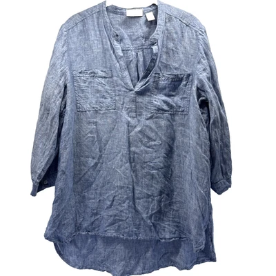 Top para mujer Chicos 100 % lino talla mediana azul cuello alto en V manga 3/4 informal Foto 1 de 4