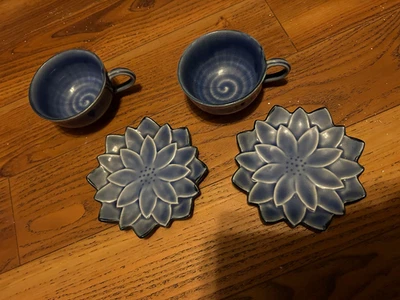 Pottery Barn Lotus Flower Blue Demitasse Espresso 2 Cups and 2 Saucers - Image 1 of 2