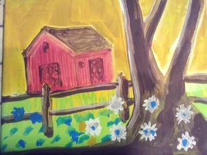 Landscape With barn In the style Reynolds painting 8 by 10 inches flower power - Picture 1 of 7